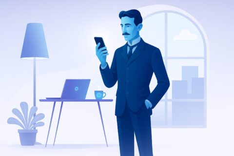 スマートフォンを手に取るテスラ
