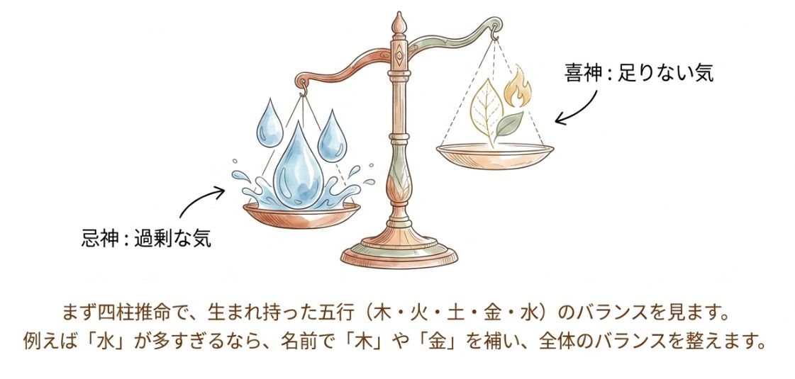 不足している五行を「喜神（きしん）」、過剰で抑える必要のある五行を「忌神（きしん）」