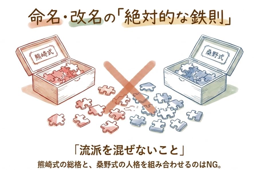 ひとつの鑑定の中で流派を混在させないこと